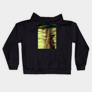 Digital collage and special processing. Hand near soft light. Soft and calm. To exist. Yellow. Kids Hoodie